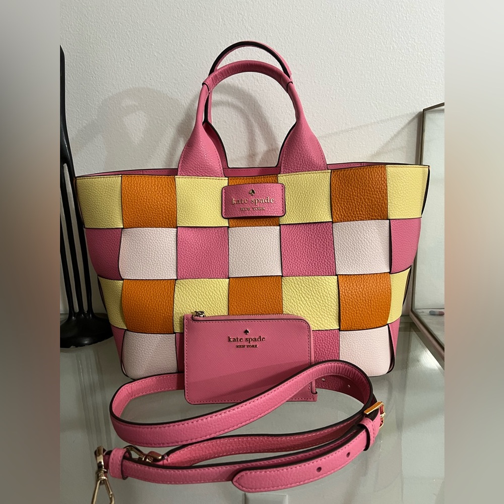 Kate Spade Basket Woven Leather Tote & Pink Card Holder